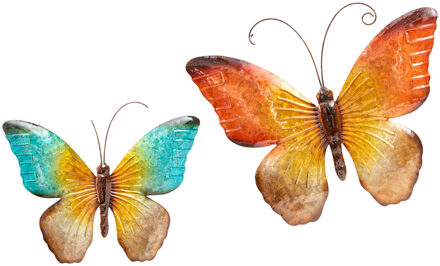 Anna's Collection Wanddecoratie vlinders - 2x - blauw/oranje - 32 x 24 cm/44 x 32 - metaal - muurdecoratie/schutting