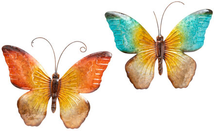 Anna's Collection Wanddecoratie vlinders - 2x - blauw/oranje - 32 x 24 cm - metaal - muurdecoratie/schutting