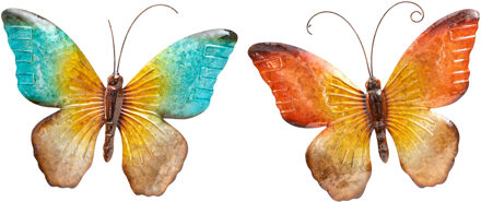 Anna's Collection Wanddecoratie vlinders - 2x - blauw/oranje - 44 x 32 cm - metaal - muurdecoratie/schutting