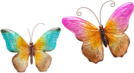 Anna's Collection Wanddecoratie vlinders - 2x - blauw/roze - 32 x 24 cm/44 x 32 - metaal - muurdecoratie/schutting