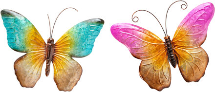 Anna's Collection Wanddecoratie vlinders - 2x - blauw/roze - 44 x 32 cm - metaal - muurdecoratie/schutting