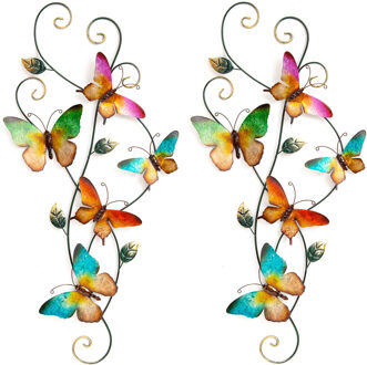 Anna's Collection Wanddecoratie vlinders - 2x - gekleurd - 35 x 68 cm - metaal - muurdecoratie