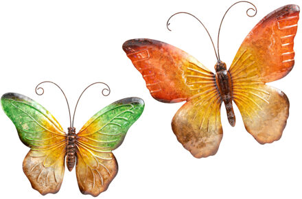 Anna's Collection Wanddecoratie vlinders - 2x - groen/oranje - 32 x 24 cm/44 x 32 - metaal - muurdecoratie/schutting