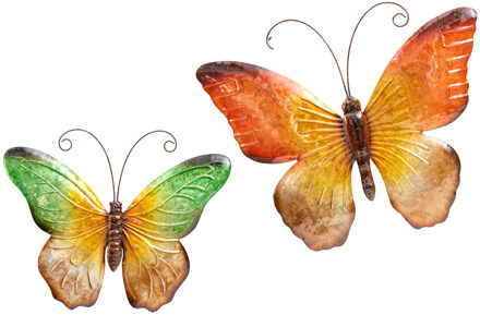 Anna's Collection Wanddecoratie vlinders - 2x - groen/oranje - 32 x 24 cm/44 x 32 - metaal - muurdecoratie/schutting