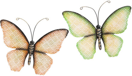 Anna's Collection Wanddecoratie vlinders - 2x - groen/oranje - 32 x 24 cm - metaal - muurdecoratie/schutting