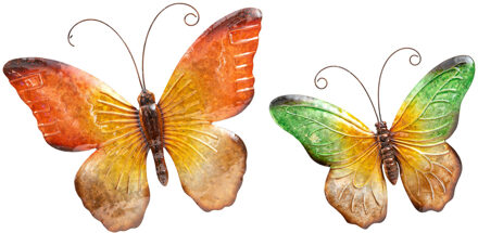 Anna's Collection Wanddecoratie vlinders - 2x - groen/oranje - 44 x 32 cm - metaal - muurdecoratie/schutting