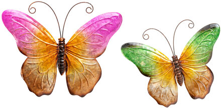 Anna's Collection Wanddecoratie vlinders - 2x - groen/roze - 44 x 32 cm - metaal - muurdecoratie/schutting