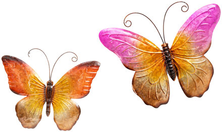 Anna's Collection Wanddecoratie vlinders - 2x - oranje/roze - 32 x 24 cm/44 x 32 - metaal - muurdecoratie/schutting