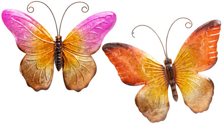 Anna's Collection Wanddecoratie vlinders - 2x - oranje/roze - 44 x 32 cm - metaal - muurdecoratie/schutting