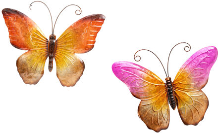 Anna's Collection Wanddecoratie vlinders - 2x - roze/oranje - 32 x 24 cm - metaal - muurdecoratie/schutting