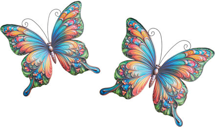 Anna's Collection Wanddecoratie vlinders - 2x stuks - multi/blauw - metaal - muurdecoratie