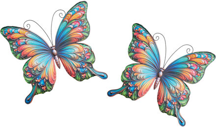 Anna's Collection Wanddecoratie vlinders - 2x stuks - multi/blauw - metaal - muurdecoratie