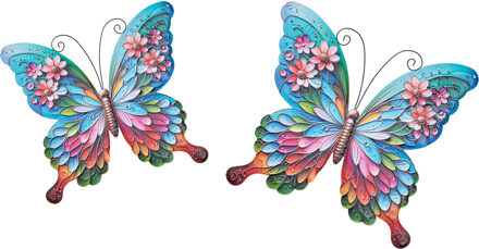 Anna's Collection Wanddecoratie vlinders - 2x stuks - multi/roze - metaal - muurdecoratie