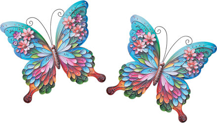 Anna's Collection Wanddecoratie vlinders - 2x stuks - multi/roze - metaal - muurdecoratie