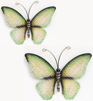 Anna's Collection Wanddecoratie vlinders - set 2x - groen - 30 x 21 cm - metaal - muurdecoratie