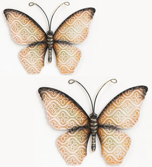 Anna's Collection Wanddecoratie vlinders - set 2x - oranje - 30 x 21 cm - metaal - muurdecoratie