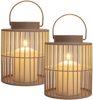 Anna's Collection Windlicht/kaarsenhouder buiten lantaarn - 2x - beige/zand - 15 x 18 cm - metaal - Incl. LED kaars
