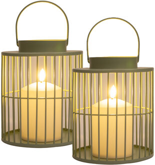 Anna's Collection Windlicht/kaarsenhouder buiten lantaarn - 2x - groen - 15 x 18 cm - metaal - Incl. LED kaars