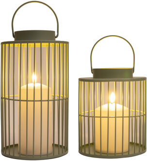 Anna's Collection Windlicht/kaarsenhouder met LED kaars - 2x stuks - groen - buiten lantaarn - metaal