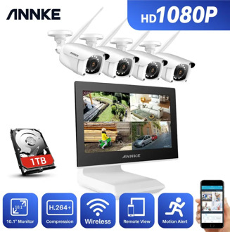 ANNKE 4CH 1080P FHD Wireless Video Security System 10.1 inch LCD Screen NVR 4PCS IP Cameras Audio Recording Surveillance Kit