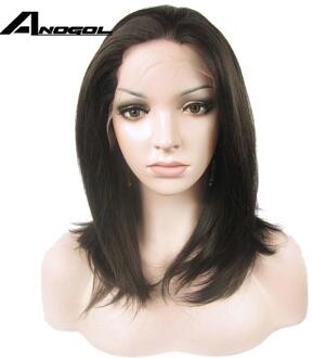 Anogol #2 Donkerbruin Hoge Temperatuur Fiber Black Medium Schouder Lengte Rechte Bob Synthetische Lace Front Pruik Met Gratis deel