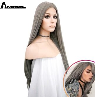 Anogol Silver Grey Synthetische Lace Front Pruik Lange Natuurlijke Golf Pruiken Voor Vrouwen Hoge Temperatuur Fiber