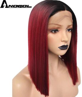 Anogol Wijn Rode Bob 14 ''Synthetische Lace Front Pruiken Korte Rechte Voor Vrouw Zwarte Wortels Classic Midden Deel