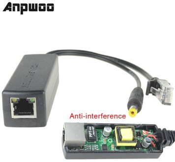 Anpwoo 48V Naar 12V Poe Splitter Anti-Interferentie 15W Poe Adapter Kabel Voeding Module DC5.5 * 2.1Mm Connector Voor Ip Camera zwart 15W
