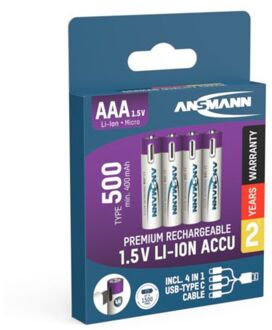 Ansmann Oplaadbare AAA Batterijen - Lithium-ION - USB-C - Blister 4 stuks + laadkabel