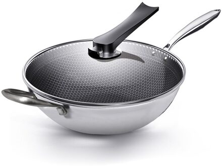 Anti-aanbak Koekenpan Roestvrijstalen Wok Honingraat Koekenpan Met Glazen Deksel Bak Pan Keuken Kookgerei Rookloze Koekenpan 34 cm