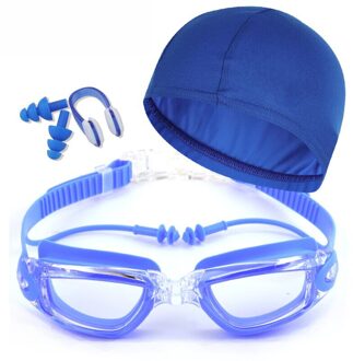 Anti-Fog Zwembril Set, uv-bescherming Transparante Lens Zwemmen Bril Cap Geen Lekkende Zwemmen Brillen Voor Volwassenen Jeugd Kids blauw