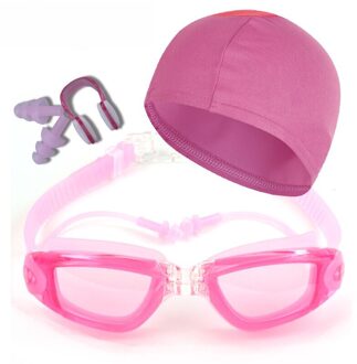 Anti-Fog Zwembril Set, uv-bescherming Transparante Lens Zwemmen Bril Cap Geen Lekkende Zwemmen Brillen Voor Volwassenen Jeugd Kids roze