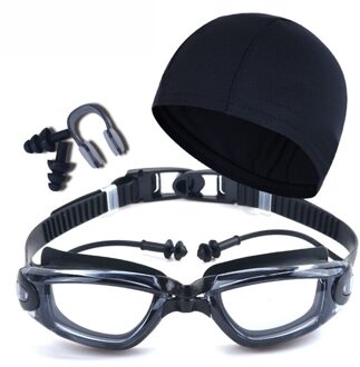 Anti-Fog Zwembril Set, uv-bescherming Transparante Lens Zwemmen Bril Cap Geen Lekkende Zwemmen Brillen Voor Volwassenen Jeugd Kids zwart