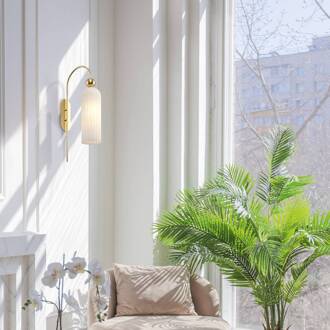 Antic wandlamp, glazen kap in wit messing, wit