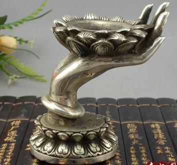 Antiek brons koper zilver lotus hand kandelaar handwerk meubileringsartikelen