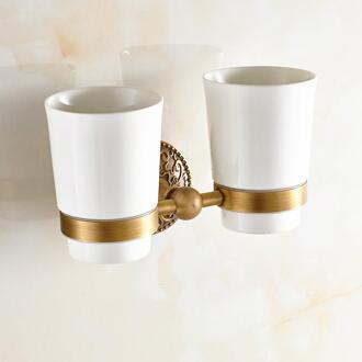 Antiek Messing Tandenborstelhouder Dubbele Bekerhouder met Keramische Cup Gesneden Base Glashouder Montage Badkamer Accessoires h8