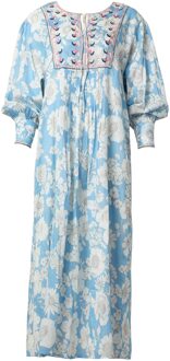 Antik batik Hand geborduurde maxi jurk Peony  blauw - S,M,