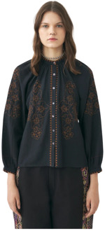 Antik batik Handgeborduurde linnen blouse Cindy Antik Batik , Black , Dames - L,M,S,Xs