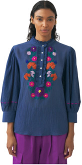 Antik batik Met de hand geborduurde blouse Clotilda Antik Batik , Blue , Dames - L,M,S,Xs