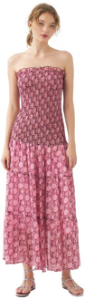 Antik batik Smocked chiffon strapless jurk Cassy Antik Batik , Pink , Dames - L,M,S,Xs