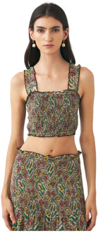 Antik batik Smocked Cotton Voile Strappy Crop Top Antik Batik , Green , Dames - L,M