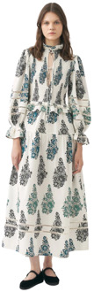 Antik batik Smocked en met de hand bedrukte maxi jurk Muguet Antik Batik , White , Dames - M,S,Xs