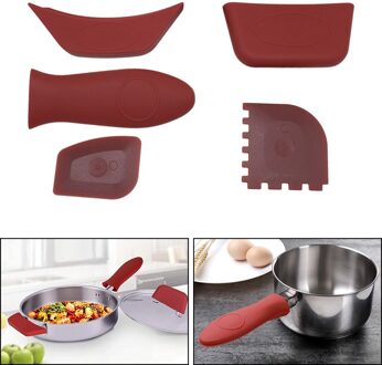 Antislip Siliconen Handvat Houder Kookgerei Pannenlap Gietijzeren Koekenpan Grip Mouwen Cover Potten Pannen Handvat Houders 5stk rood