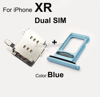 Aocarmo 1Set Voor Iphone Xr Dual Sim Card Reader Flex Kabel + Sim-kaart Lade Houder Slot Adapter Vervanging deel For XR Dual --blauw