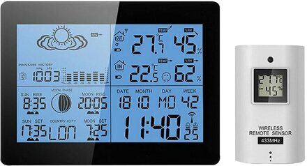 Aok 5019 Kantoor Praktische Weerstation Draadloze Thermometer Multifunctionele Tester Lcd Display Klok Draagbare Indoor Outdoor