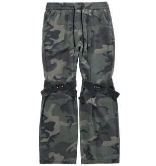Aolamegs Flare Broek Mannen Camouflage Print Verstelbare Linten Broek Elastische Taille Retro Hip Hop High Street Streetwear aziatisch XXL / camouflage groen
