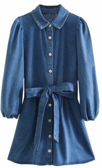 Aonibeier Denim Shirt Jurk Voorjaar Lange Mouw Turn Down Kraag Enkele Breasted Rechte Jurk Belted Vrouwen Casual Mini Jurk