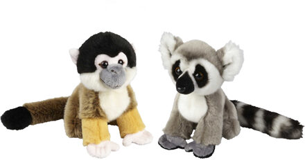 Apen serie pluche knuffels - 2x stuks - Ringstaart Maki en Squirrel Aapje - 18 cm