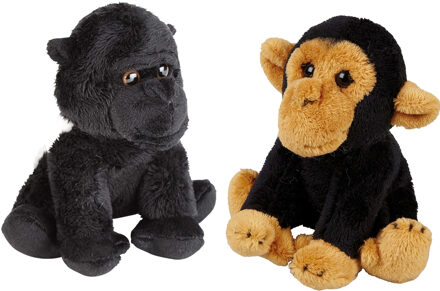 Apen serie zachte pluche knuffels 2x stuks - Gorilla en Chimpansee aap van 15 cm - Knuffel bosdieren Bruin