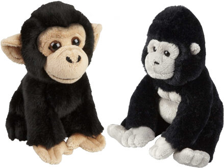 Apen serie zachte pluche knuffels 2x stuks - Gorilla en Chimpansee aap van 18 cm - Knuffel bosdieren Bruin